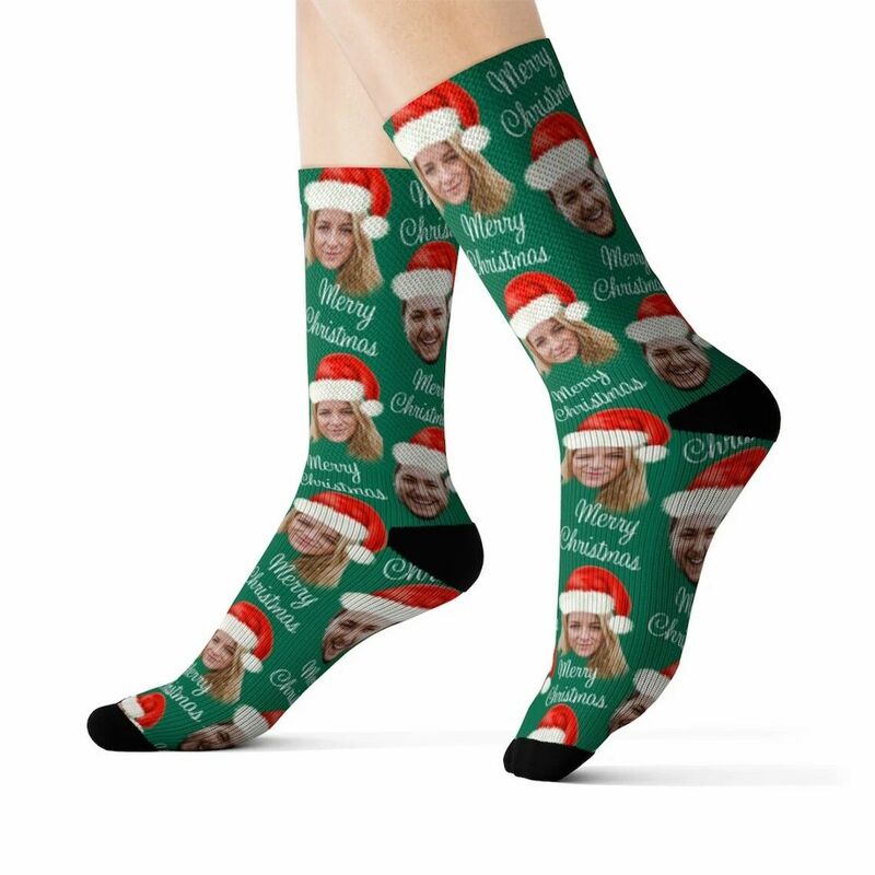 "Merry Christmas" Custom Face Picture Socks Printed with Santa Hat for Couple