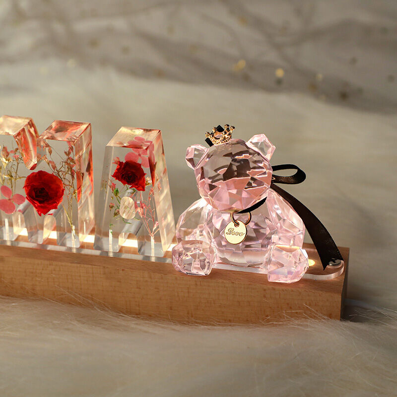 Custom Rose Dried Flower Resin Name Letter Lamp with Bear