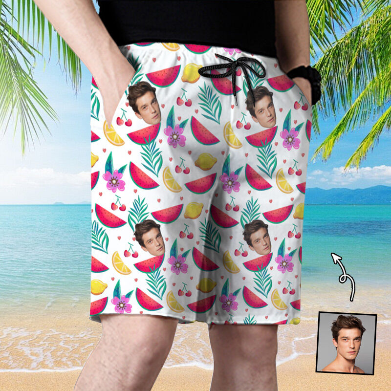 Personalized Picture Men's Beach Shorts with Orange Pattern Funny Gift for Brother