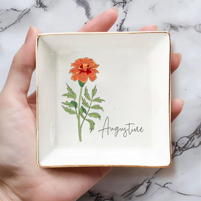 Personligt namn smycken ringskål med födelseblommönster söt present till födelsedag