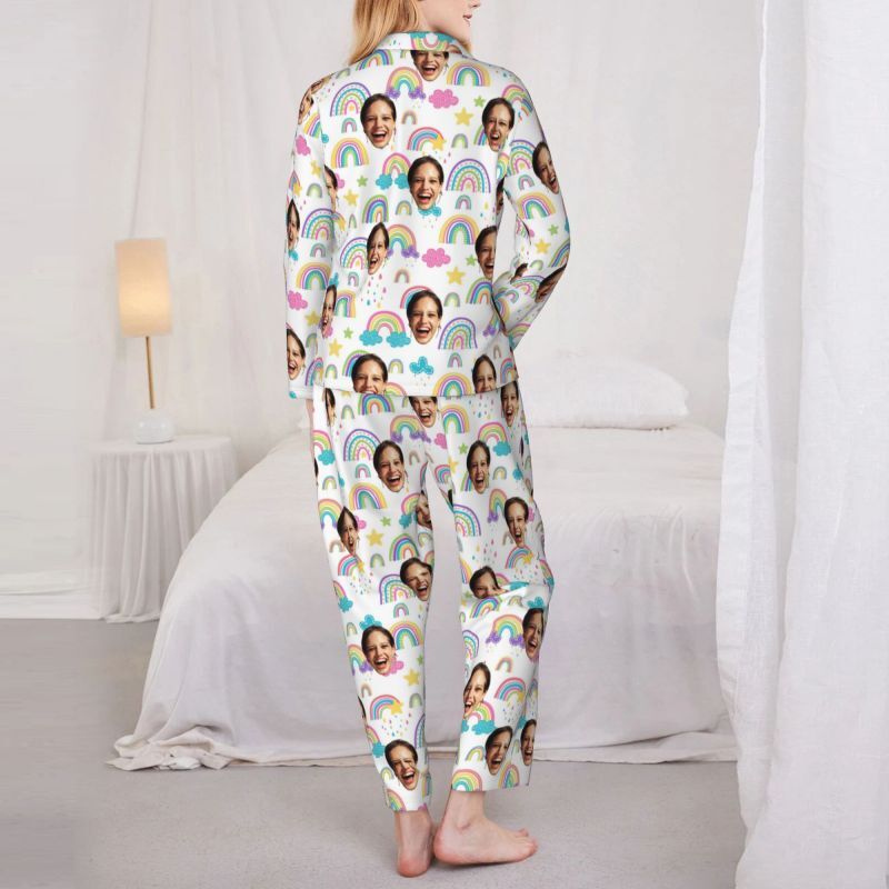 Personalized Pajamas Custom Photo Cute Clouds Rainbow Rain Pattern Design Vibrant Gift for Her