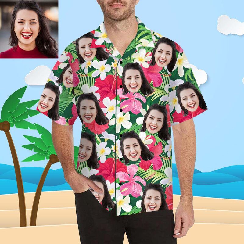 Custom Face Cute Daffodils and Hibiscus Men's All Over Print Hawaiian Shirt