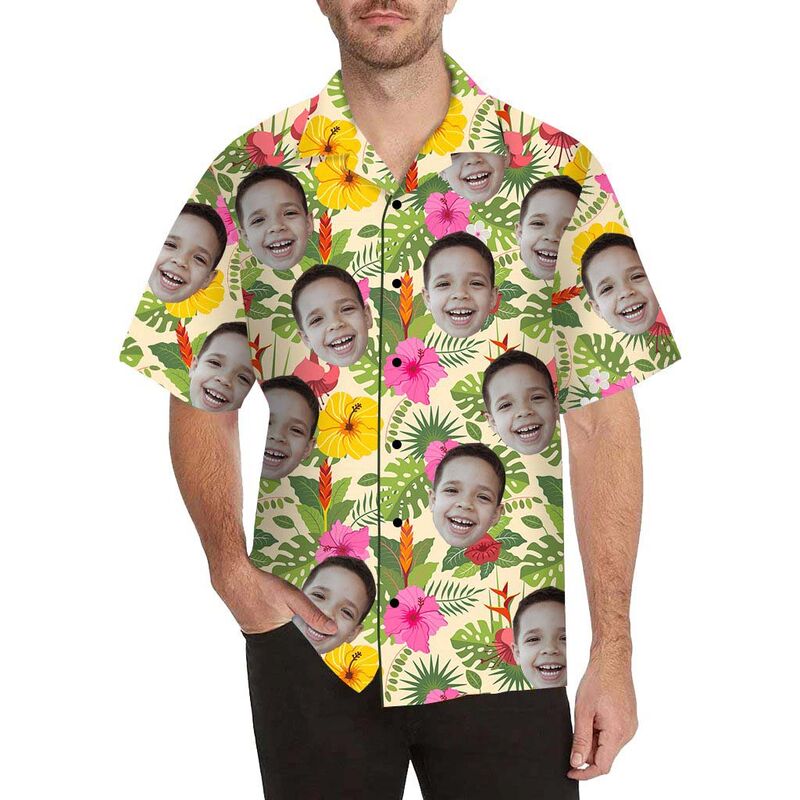 Chemise hawaïenne à impression intégrale pour hommes, personnalisée avec un mélange de visages et de fleurs