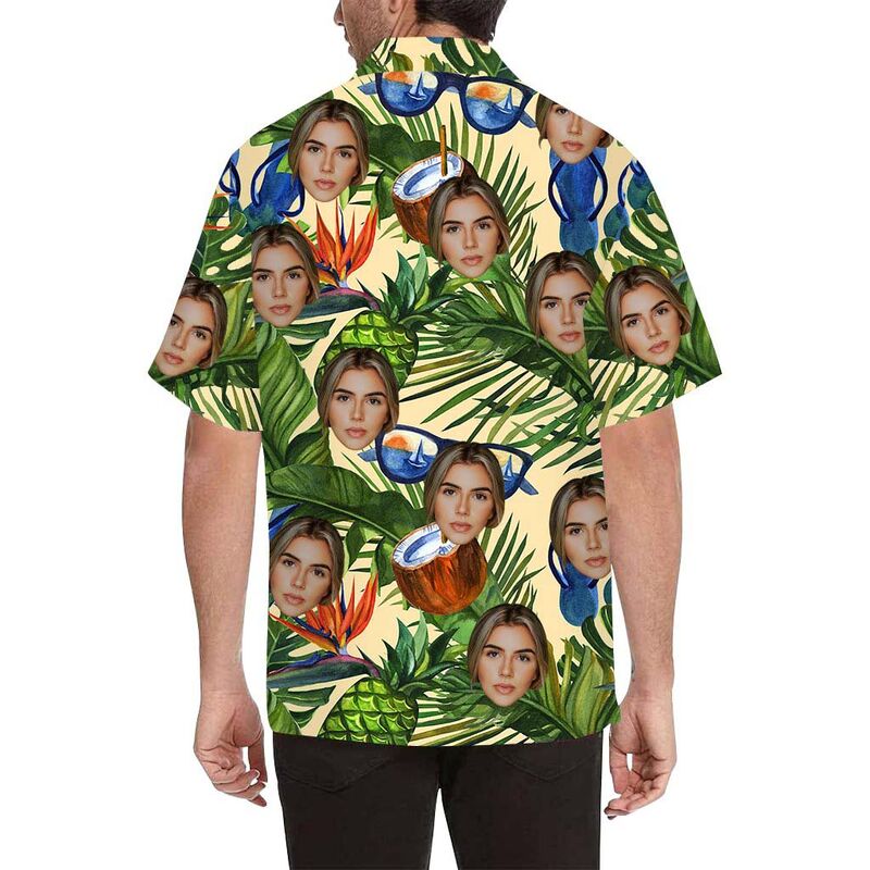 Chemise hawaïenne à impression intégrale Visage personnalisé Plage sous les feuilles pour hommes