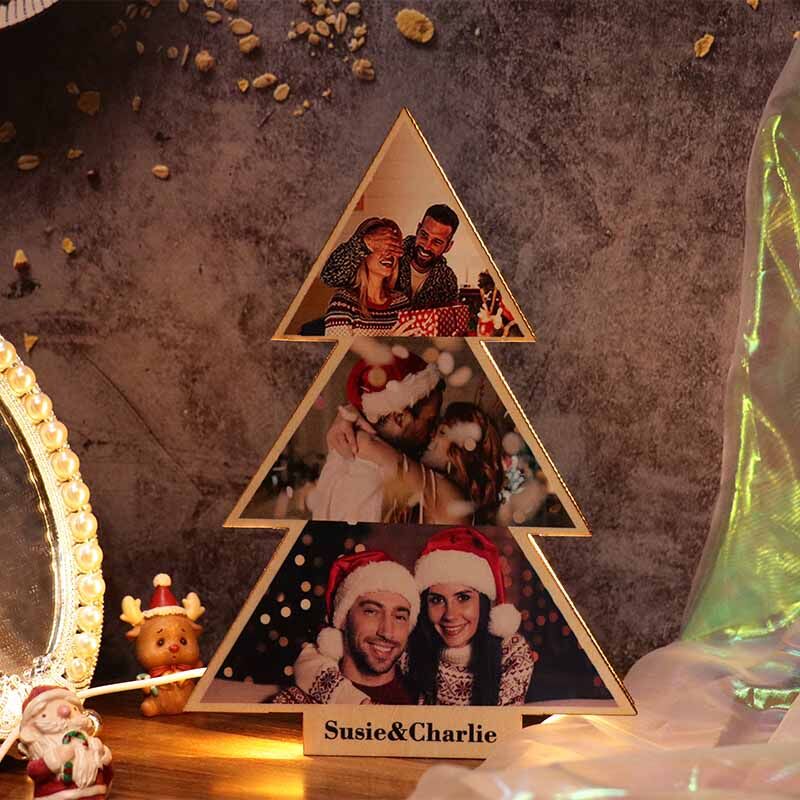 Regalo de Árbol de Navidad de Madera Personalizado Luz de Foto para Pareja