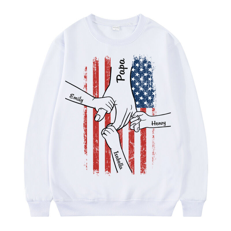 Personalized Sweatshirt Hold Your Hand with Stars and Stripes Pattern Custom Names Attractive Gift for Father's Day