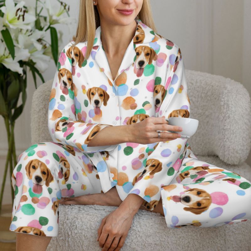 Personalized Pajamas Custom Pet Photo Colorful Ink Dots Pattern Design Vibrant Gift for Her Family