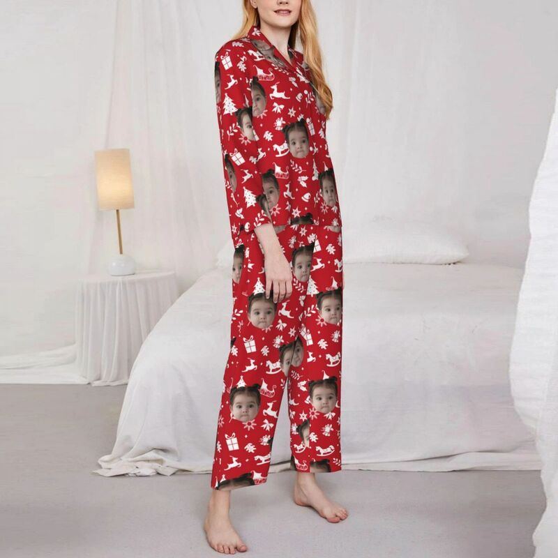 Pyjama personnalisé avec photo personnalisée, icônes de Noël, ambiance festive, motif, cadeau parfait pour elle