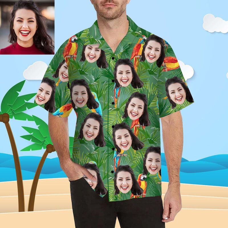 Custom Face Pretty Bird in The Leaves Men's All Over Print Hawaiian Shirt