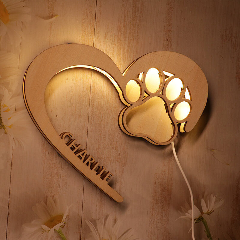 Personalized Name Pet Paw Heart Led Wood Lamp