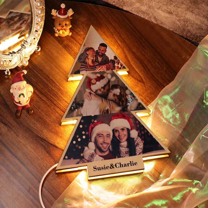 Personalized Wooden Christmas Tree Gift Custom Photo Light for Couple