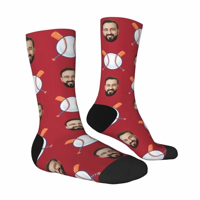 Personalized Face Socks Baseball Print Add Photo Mid-Calf Socks for Him