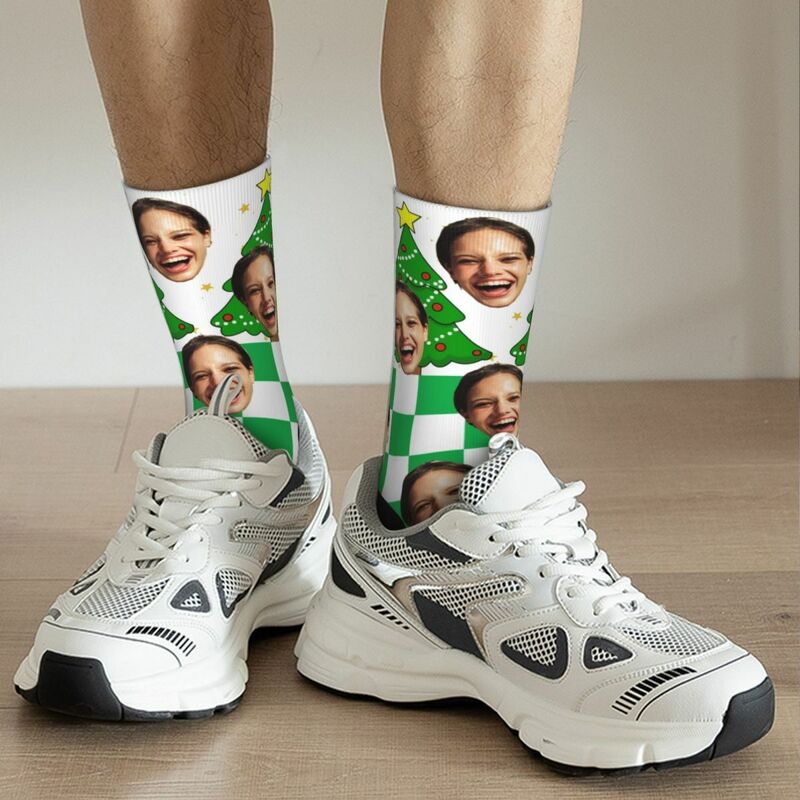 Customized Face Socks Green Plaid Christmas Tree Pattern Socks Gifts for Friends