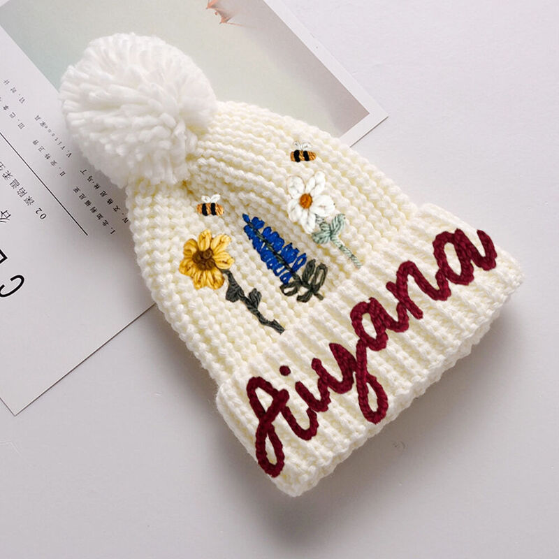 Personalized Knit Pom Pom Beanie Embroidered Name and Flower Christmas Gift for Kids