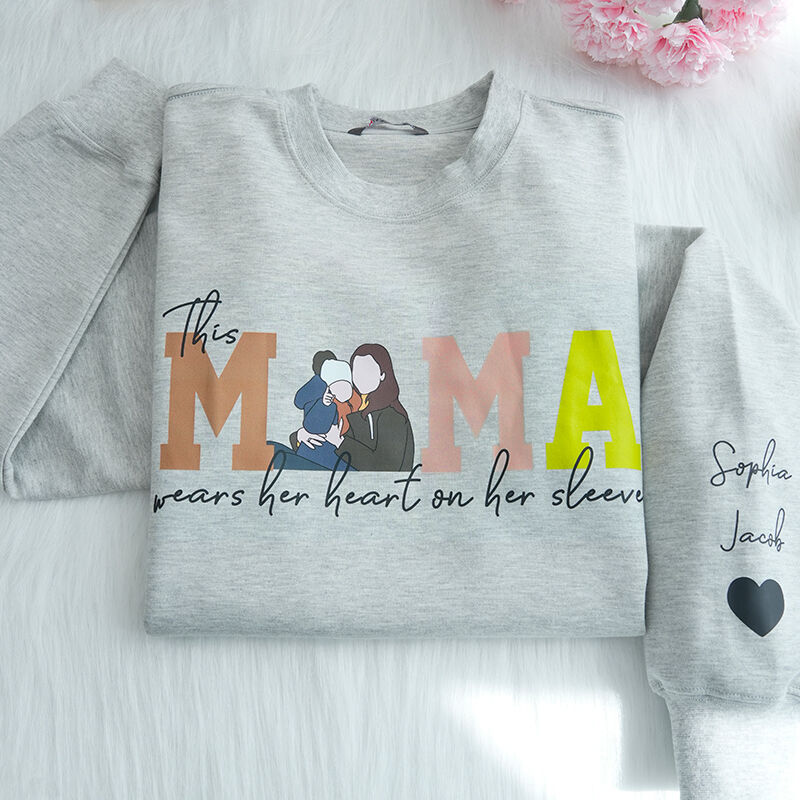 Personalized Sweatshirt Custom Photo This Mama Wears Her Heart On Her Sleeve Unique Mother's Day Gift