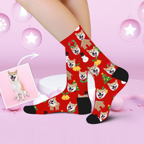 Personalisierte Haustier Gesicht Bild Socken Bedrucken mit Haus und Kranz für Weihnachten