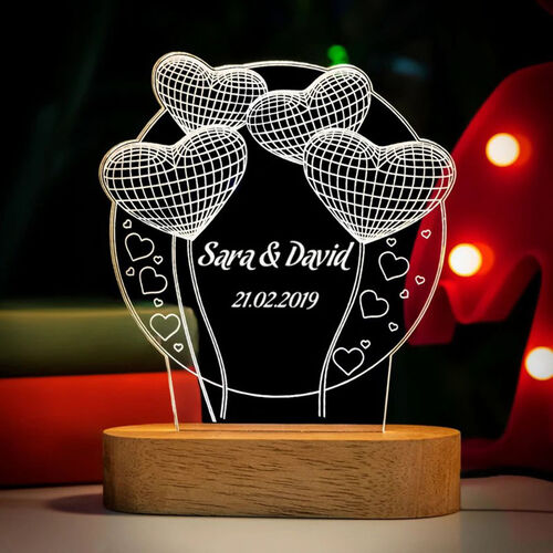 Personalized Wooden Acrylic Heart Balloon Custom Name Lamp for Couple