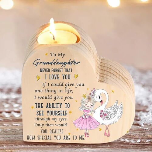 Wooden Heart Candle Holder Gift for Granddaughter With Little Girl And Swan Pattern