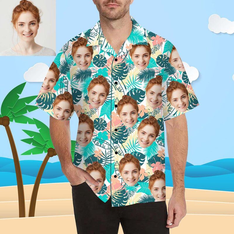 Custom Face Various Leaves Men's All Over Print Hawaiian Shirt