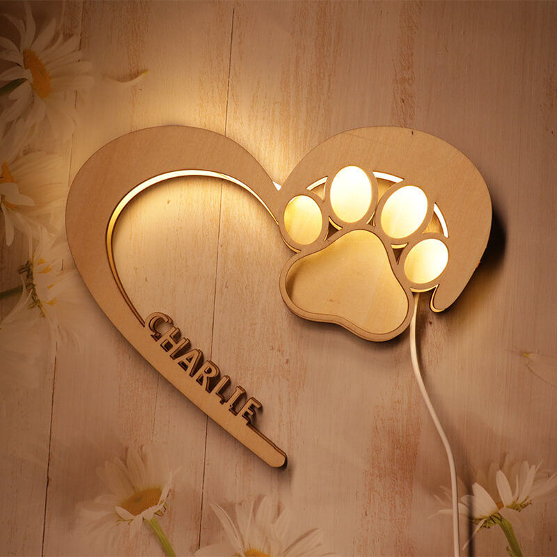 Personalized Name Pet Paw Heart Led Wood Lamp