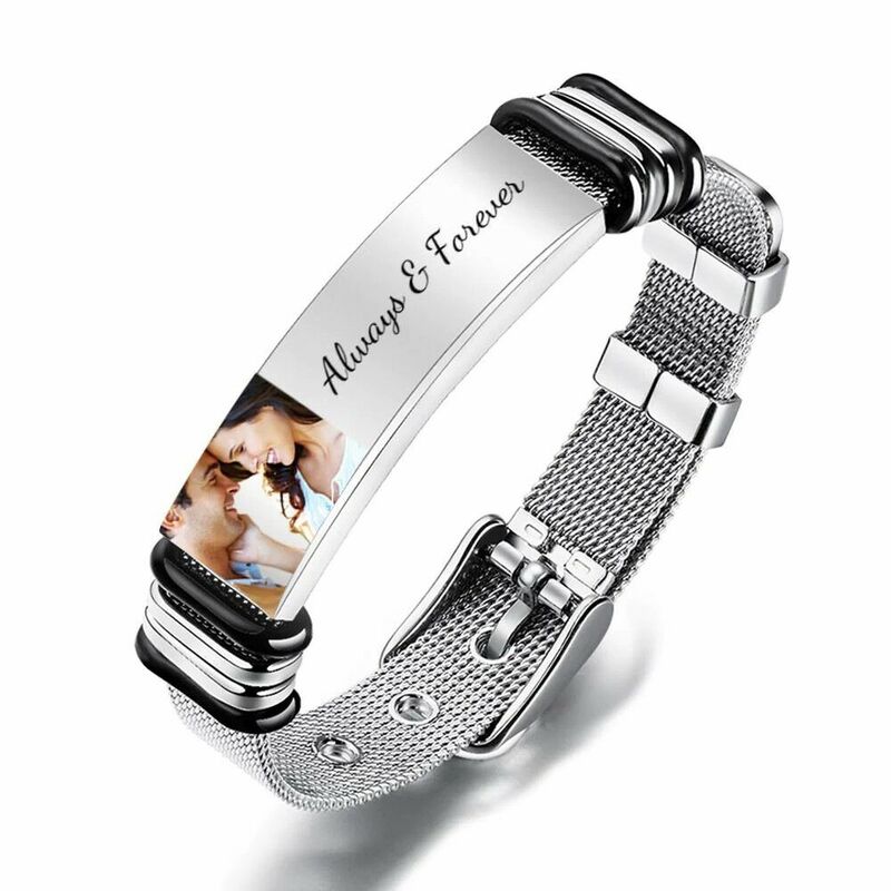 Personalisiertes Mesh-Edelstahl-Armband für Männer Individuelles Familienfoto und Name