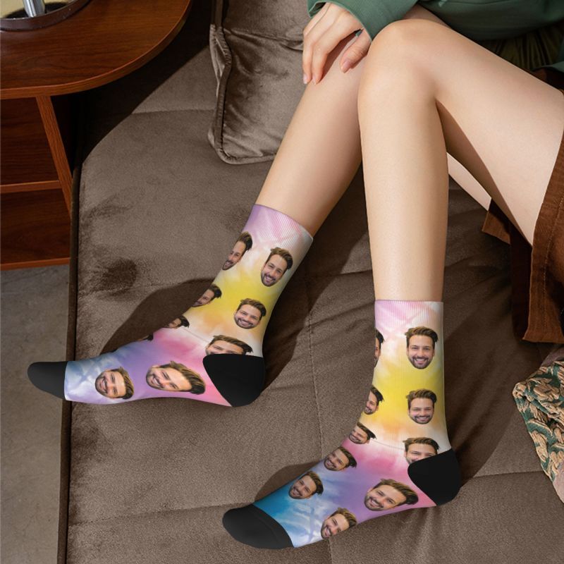 Customized Photo Socks with Vibrant Color Tie-Dye for Friend