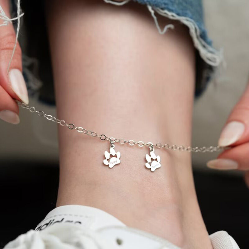 Personalized Name Anklet with Pet Paw Prints Pattern Cute Gift for Pet Lover