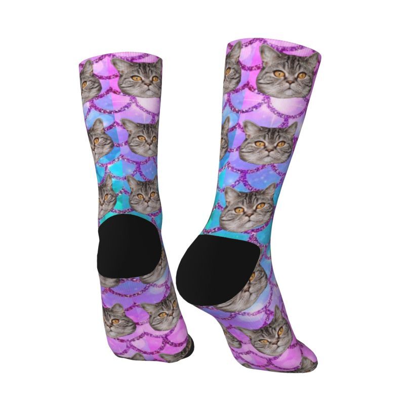 Personalized Face Socks Add Cat Photo Colorful Fish Scale Pattern Gift for Pet Lovers