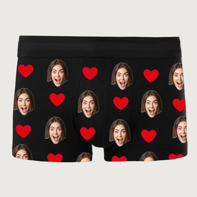 Personalized Photo Men's Underwear Boxer Briefs With Red Heart Pattern Funny Gift for Him