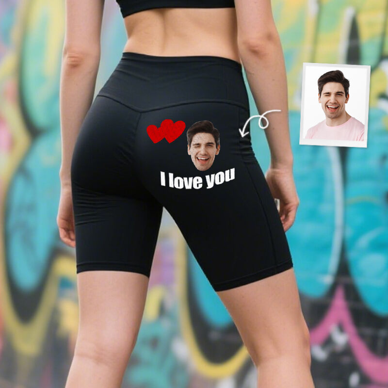 Personalized Biker Leggings I Love You Custom Photo Heart Design Perfect Couple Gift for Her