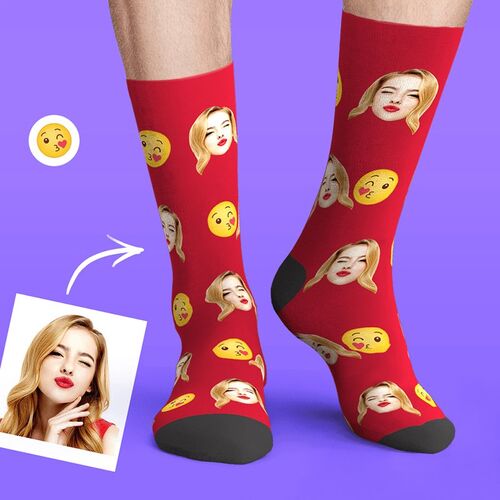 Custom Face Picture Socks with Kiss Emoji Funny Gift