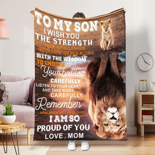 Couverture personnalisée avec lettre d'amour pour mon fils, imprimée avec un motif de lion