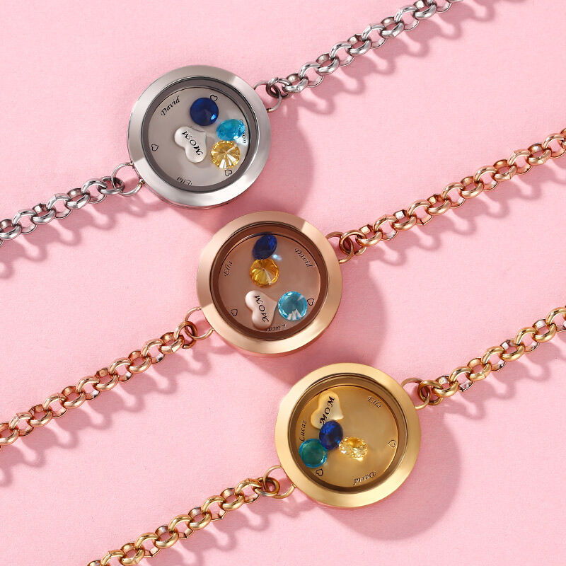 "I Love You Mom" Engraved Floating Locket Bracelet With Charms And Birthstones Stainless Steel
