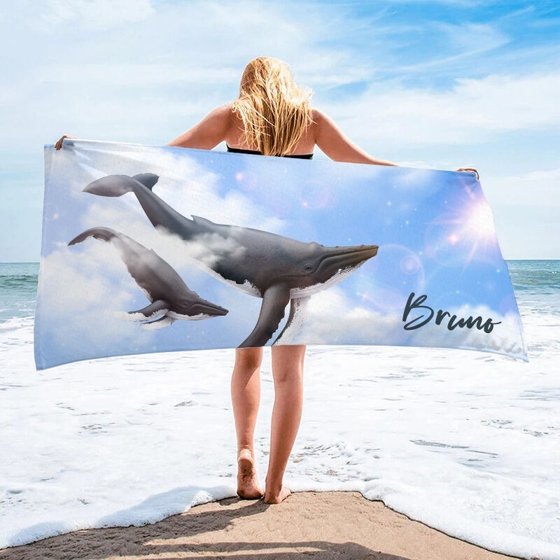 Personalized Name Bath Towel with Whale Pattern And Sky Background Beautiful Gift for Family