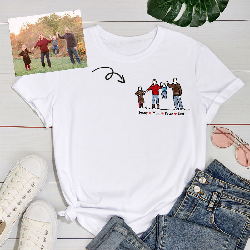 Personalized T-shirt Custom Embroidered Colorful Family Photo with Names Attractive Gift for Parents