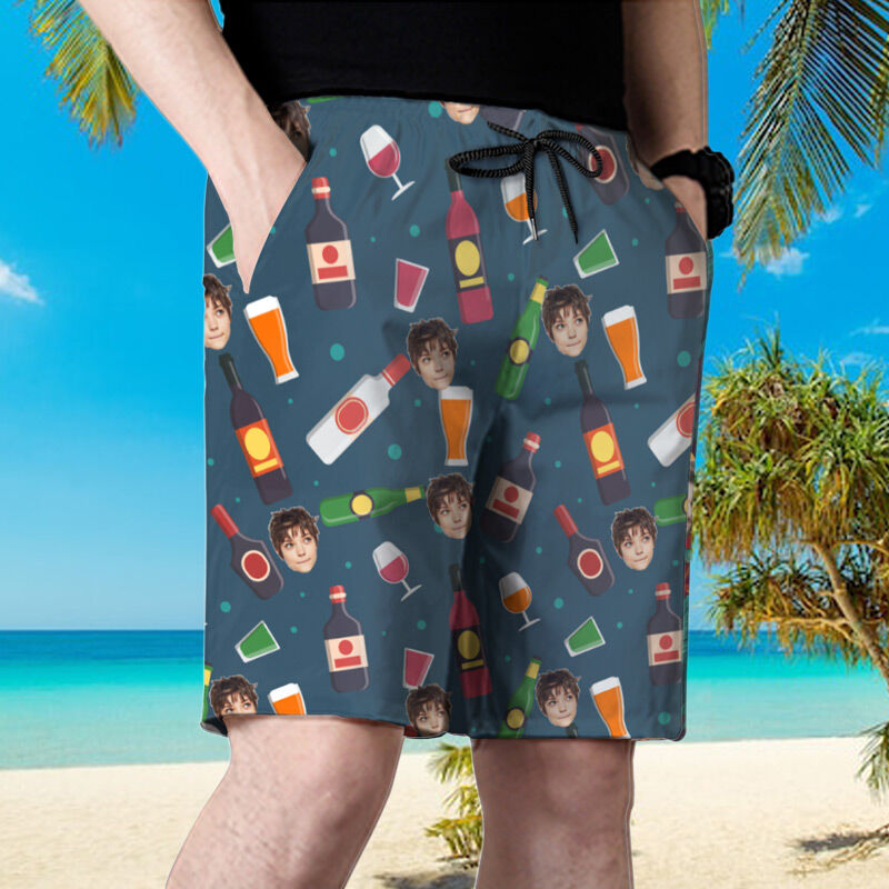 Personalized Picture Men's Beach Shorts with Beers Pattern Cool Gift for Friend