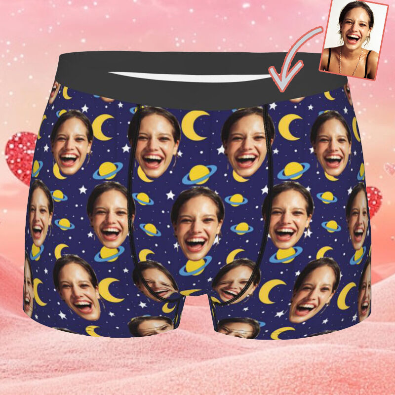 Boxer personnalisé avec photo pour homme avec motif de lune, meilleur cadeau pour petit ami