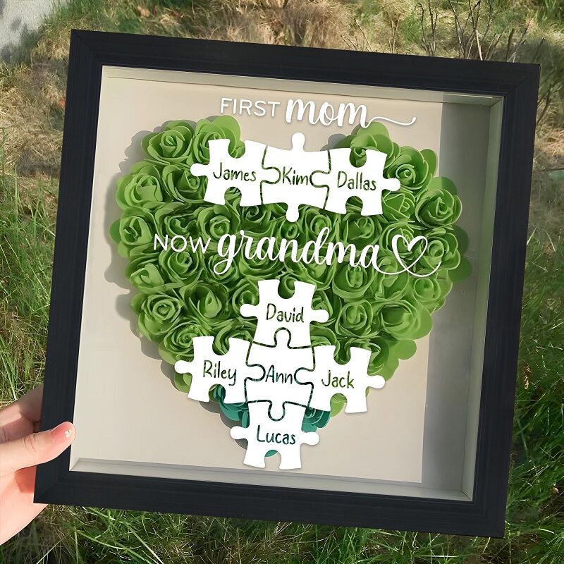 Personalized Flower Shadow Box First Mom Now Grandma Custom Name Puzzle Unique Mother's Day Gift