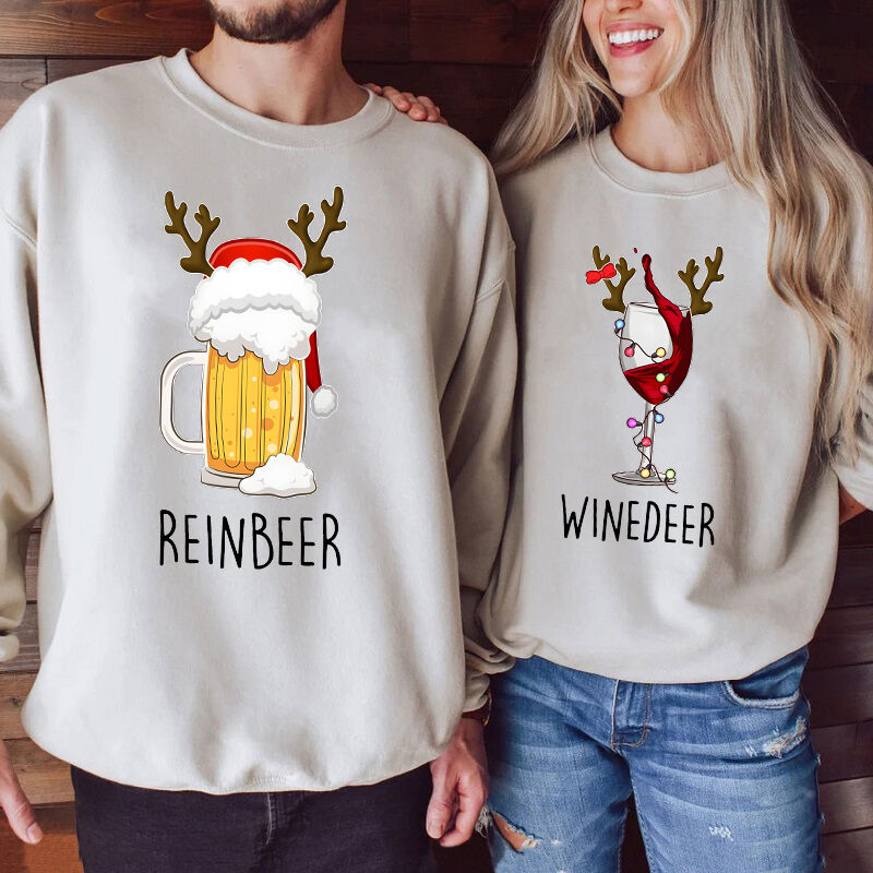 Sweat-shirt personnalisé Reinbeer Winedeer Mot de jeu de mots amusant sur les rennes Cadeau de Noël pour les couples