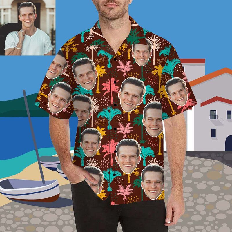 Chemise hawaïenne à impression intégrale pour homme avec visage personnalisé et palmiers colorés