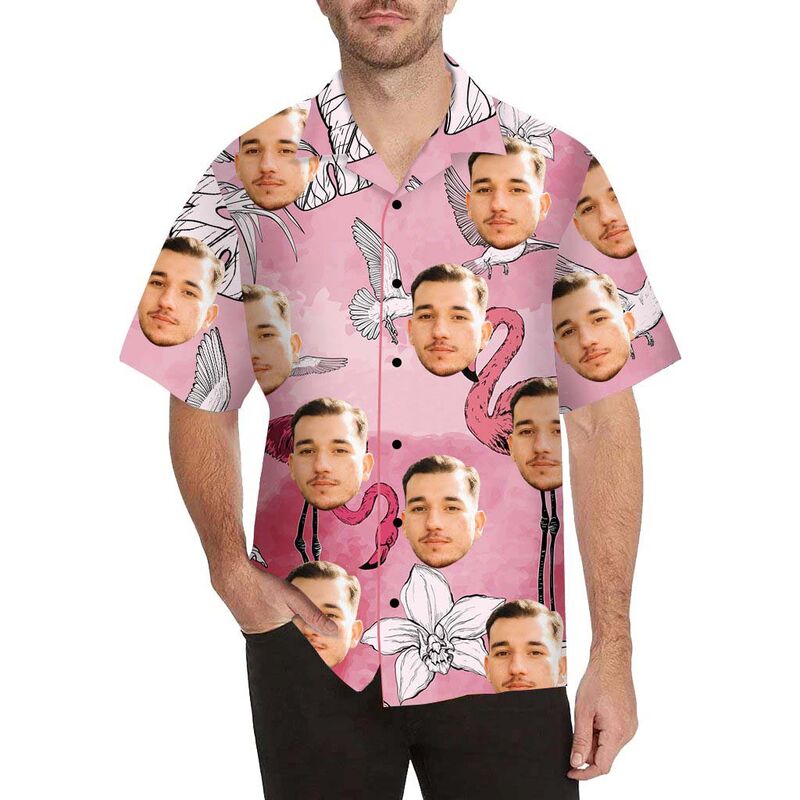 Custom Face White Crane and Flamingo Flower Men's All Over Print Hawaiian Shirt
