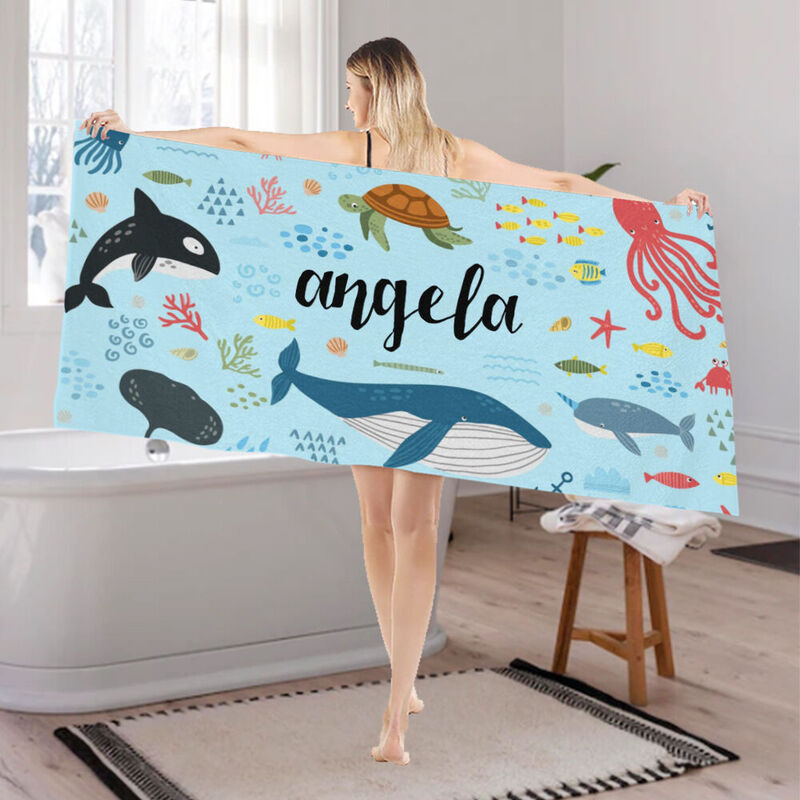 Personalized Name Bath Towel with Underwater World Pattern for Kids