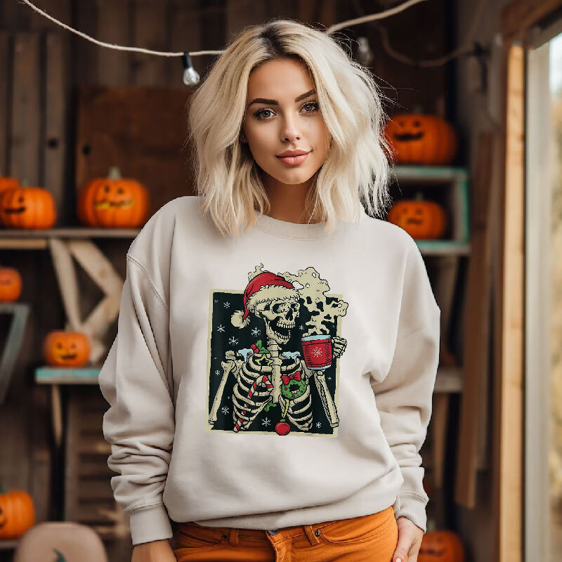 Creative Design Sweatshirt with Ghost Pattern Drinking Hot Coffee Amazing Gift for Her
