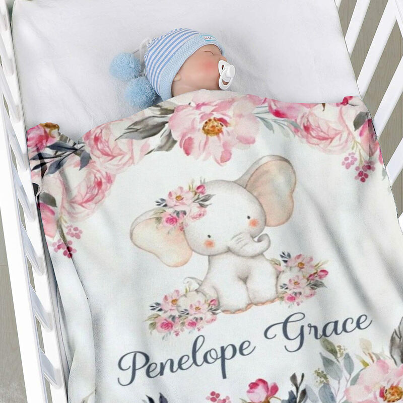 Personalized Floral Cute Elephant Baby Name Blanket