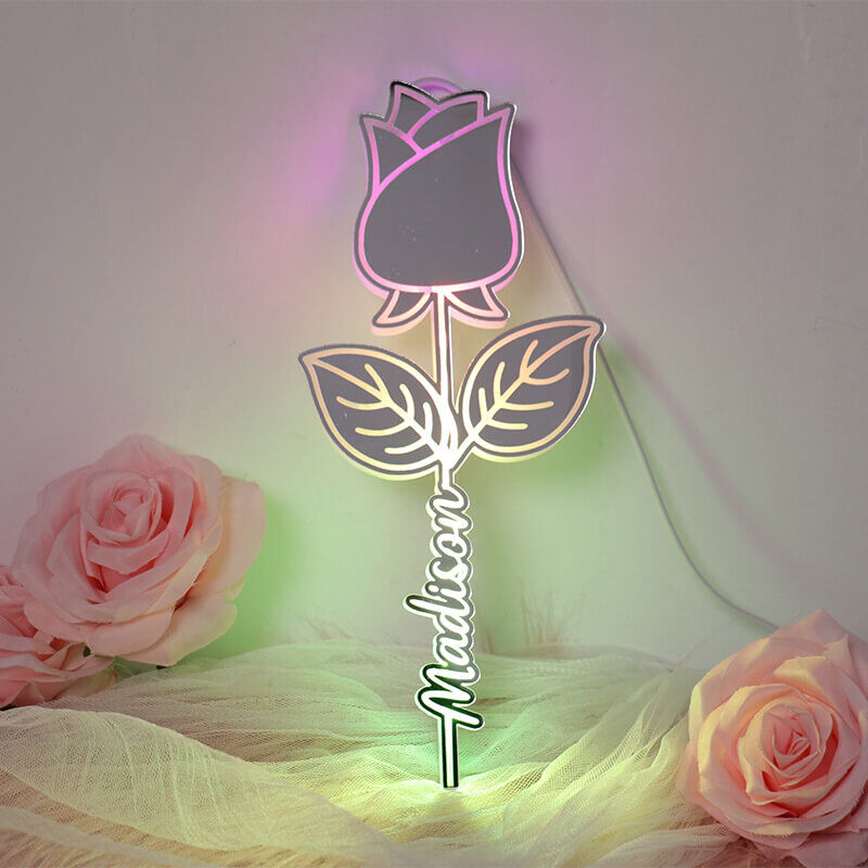 Personalized Flower Mirror Lamp Custom Name Romantic Gift For Girls