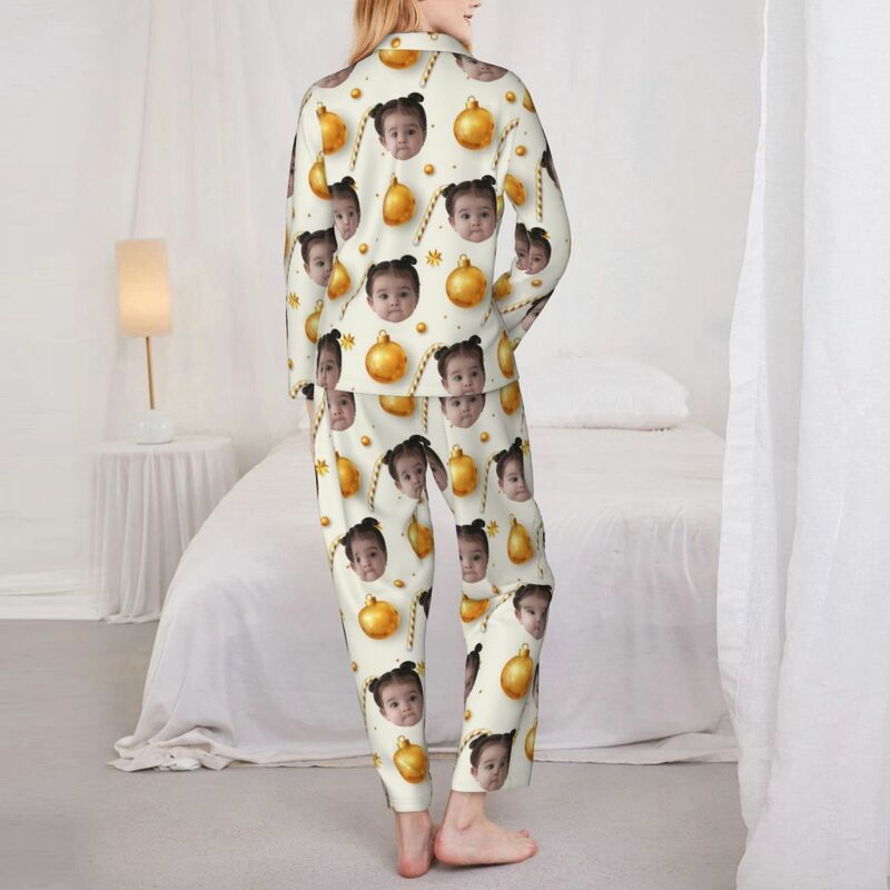 Personalisierte Pyjamas mit individuellem Kinderfoto Weihnachtsglocke Süßigkeit Goldener Stil Muster Design Geschenk für sie