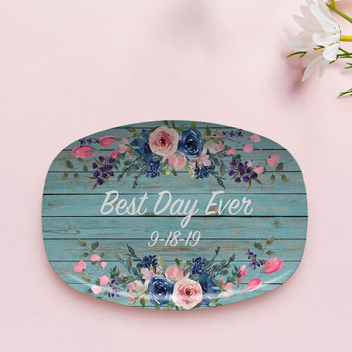 Personalized Date Plate with Pink Flowers Pattern for Couples "Best Day Ever"