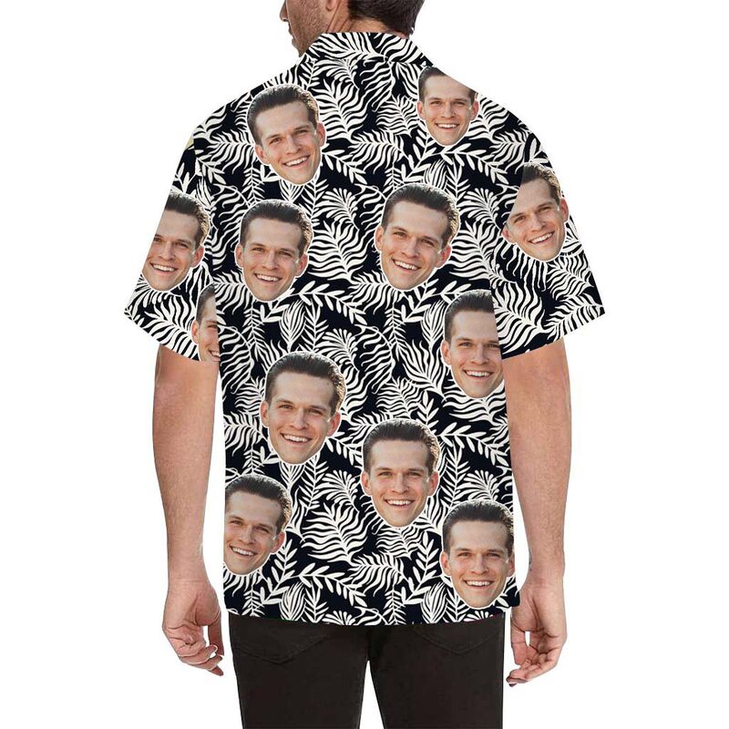 Custom Face White Leaves Men's All Over Print Hawaiian Shirt