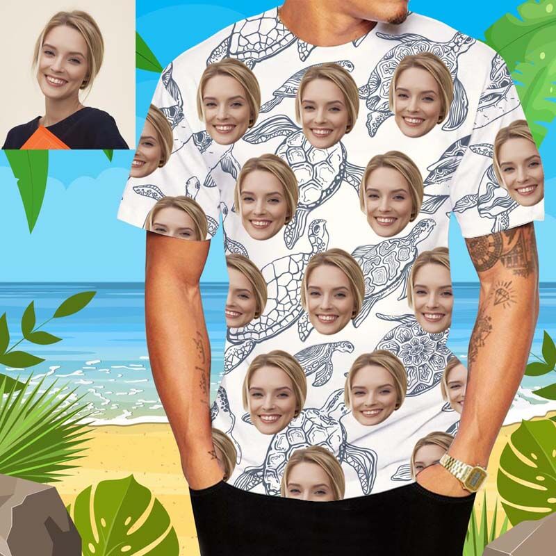 Custom Face Hawaiian T-Shirt With Sea Turtle