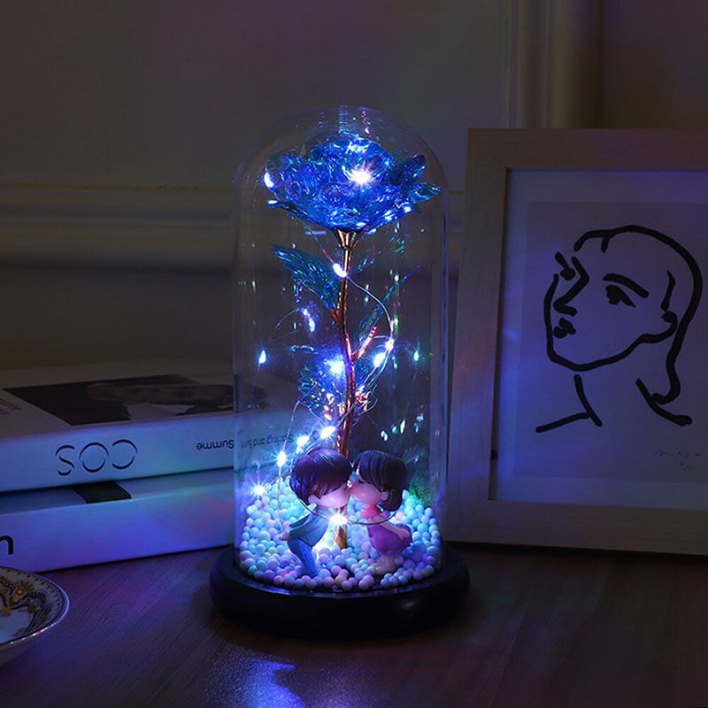 Galaxy Rose Glass Lampshade Preserved Flower Cartoon Couple Night Light Gift